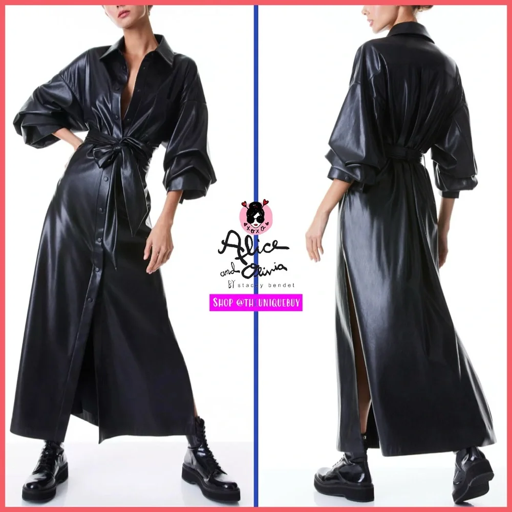Alice + Olivia Tanika Vegan Leather Button Front Collared Black Maxi Dress - Picture 4 of 15